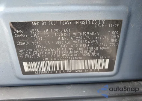 2010 Subaru Outback 2.5I Premium z USA, uszkodzony, nr VIN 4S4BRCCC0A3346387